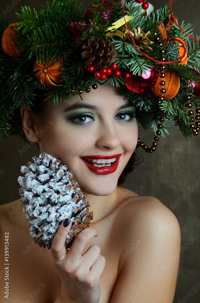 Christmas Woman. New Year and Christmas Holiday Hairstyle and Make up Christmas Woman. New Year and Christmas Holiday Hairstyle and Make up