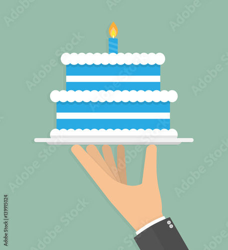 Hand holding blue birthday cake on a silver serving tray with burning candle stick on it. Flat design