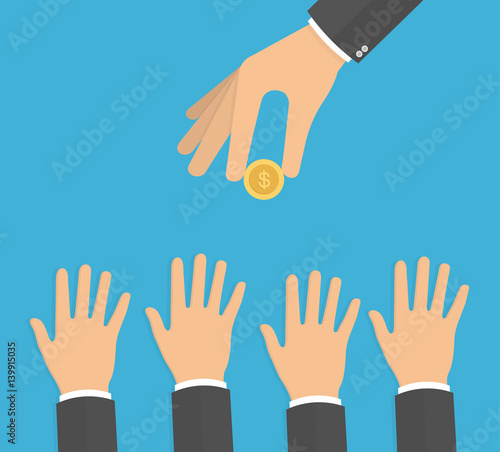 Hand holding golden coin while hands trying to reach it. Need for money concept. Reaching hands with hand holding coin above. Flat design