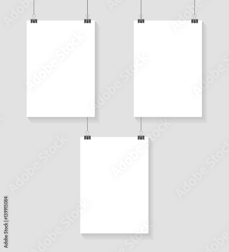 Vector template of three poster on clips . Vertical blank A4 mockup banner