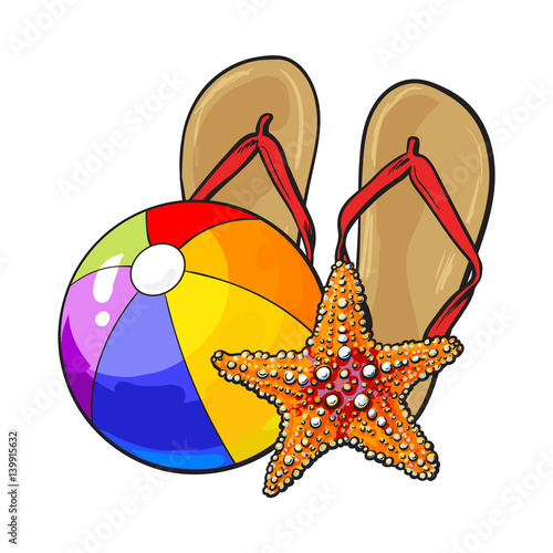 Pair of flip flops, starfish and inflatable beach ball, summer vacation concept, sketch vector illustration isolated on white background. Hand drawn flip flops, starfish, beach ball, summer vacation