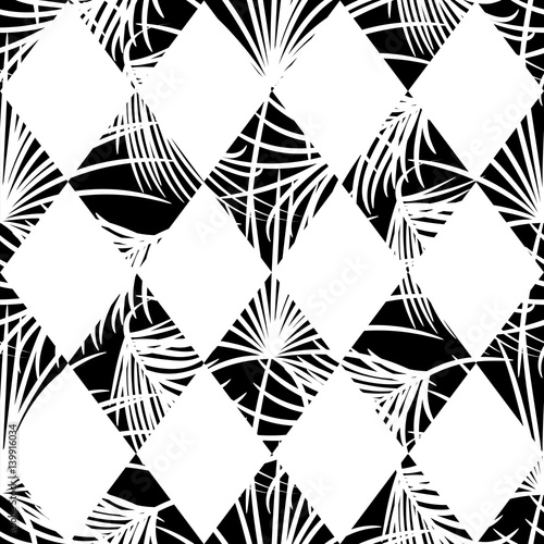 Harlequin rhombs and palm leaves seamless vector pattern on white background. Tropical jungle silhouette nature leaf.