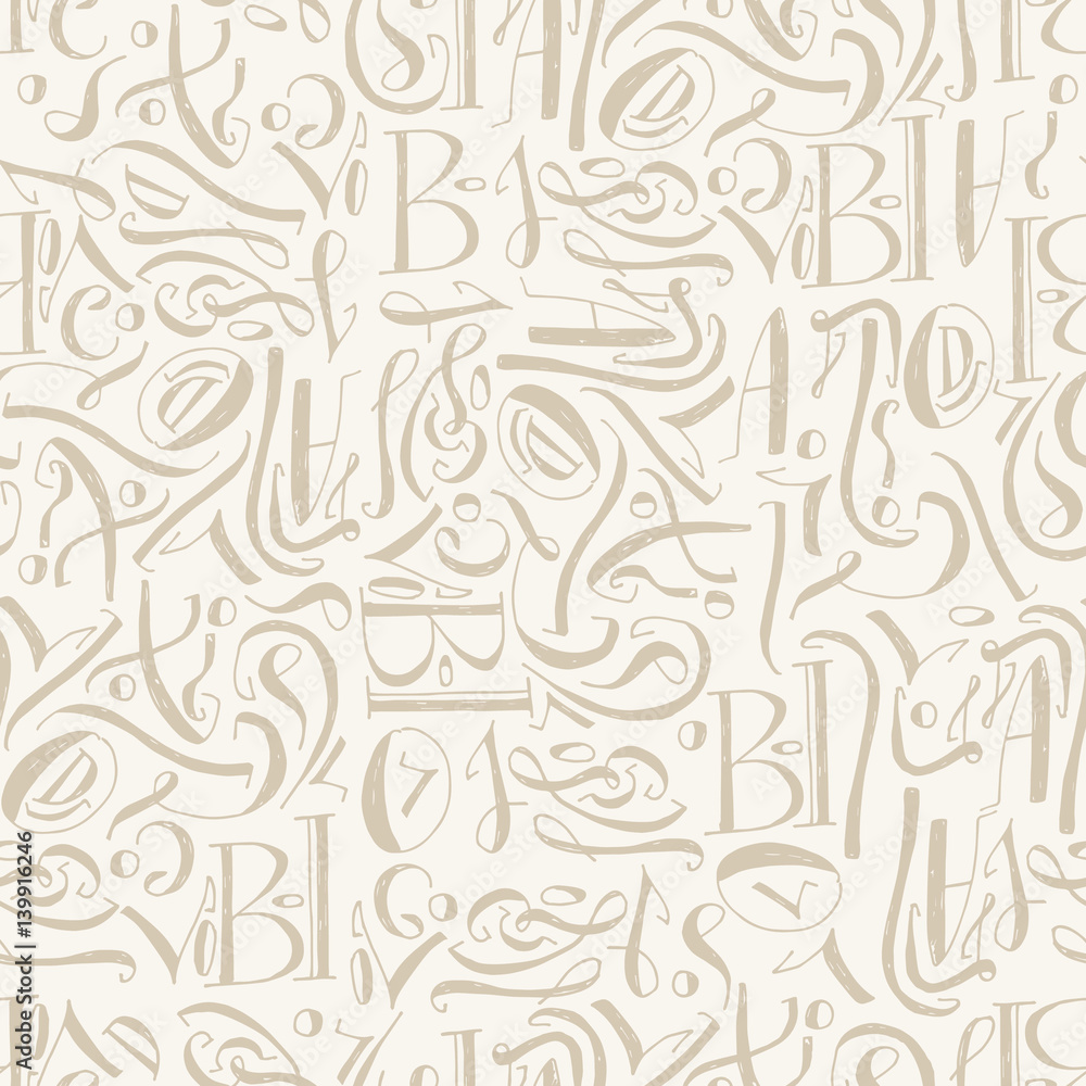 Hand drawn calligraphic abstract pattern. Beige background.
