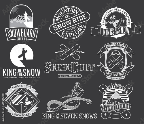 Snowboarding badges and icons bundle 2 BW