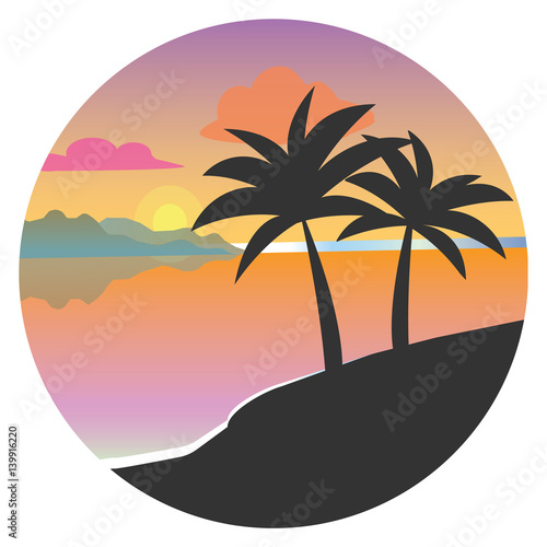 Black silhouette of palm trees in a circle  flat vector. Tropical beach  sunset  vector illustration