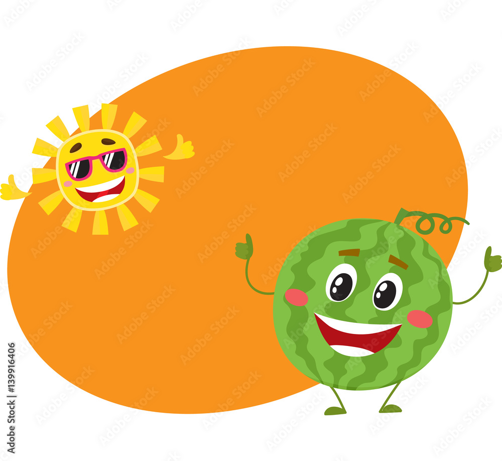 Cute and funny watermelon and sun characters, symbols of hot summer time, cartoon vector illustration with place for text. Happy watermelon and sun characters, summer holidays concept Cute and funny watermelon and sun characters, symbols of hot summer time, cartoon vector illustration with place for text. Happy watermelon and sun characters, summer holidays concept