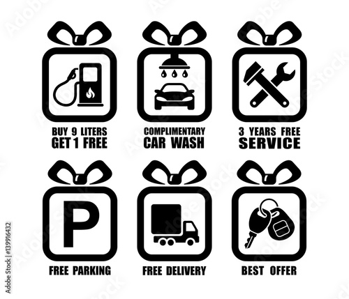 Vector collection of auto gift flat icons, car service square symbols