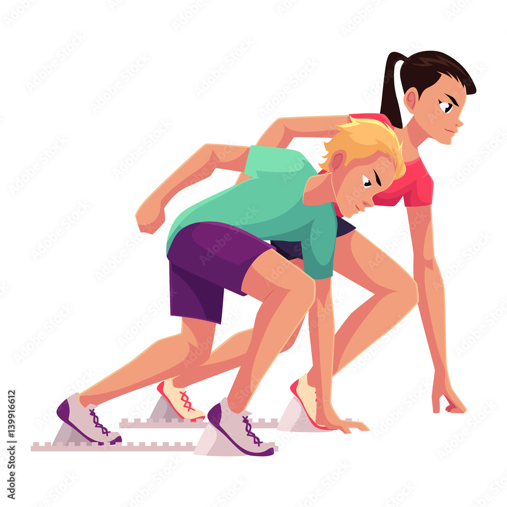 Couple of runners, sprinters ready to start, standing on running blocks,  race, competition concept, cartoon vector illustration isolated on white  background. Male and female runners at starting point Stock Vector | Adobe
