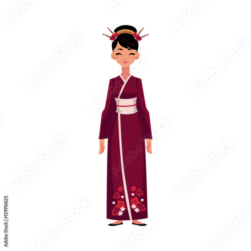 Obraz na plátně Chinese woman in traditional national costume, long cheongsam dress, cartoon vector illustration isolated on white background