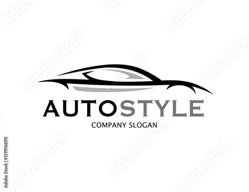Automotive car logo design with abstract style black and grey sports vehicle silhouette icon isolated on white background. Vector illustration.