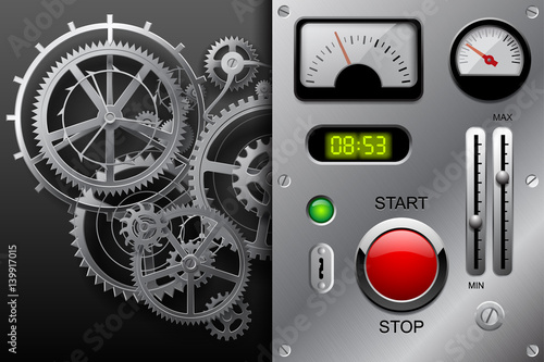 Gear wheels in black and white and metallic dashboard panel