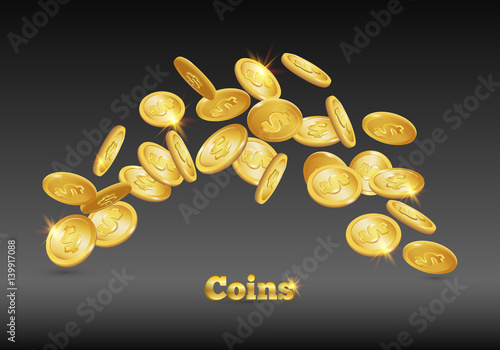 Gold coins falling. Coin icon with shadows. Isolated on black. 3d realistic vector, eps 10