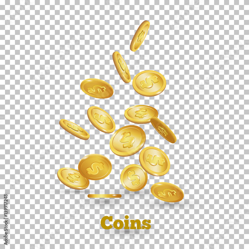 Gold coins falling down. Coin icon with shadows. Isolated on white. 3d realistic vector, eps 10