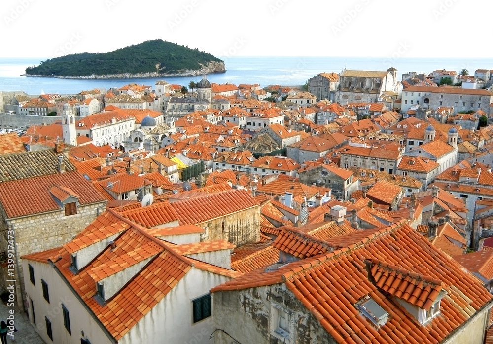 Stunning Orange Tiled Rooftops of Dubrovnik Old City and Lokrum Island, Croatia 