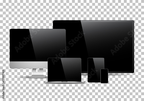 Set of realistic computer monitors, laptops, tablets and mobile phones. Electronic gadgets isolated on white background