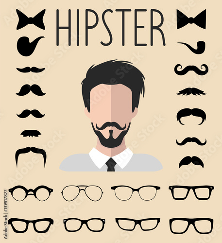 Big vector set of dress up constructor with different men hipster glasses, mustache. Male faces icon creator.