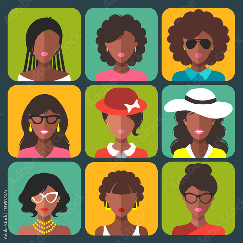 Vector set of different african american woman app icons in trendy flat style.