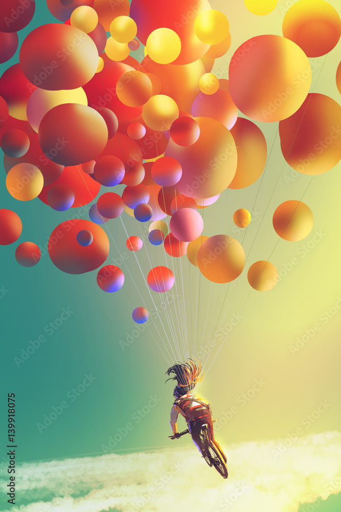 Obraz premium woman with colorful balloons riding bike in the the sky,illustration painting
