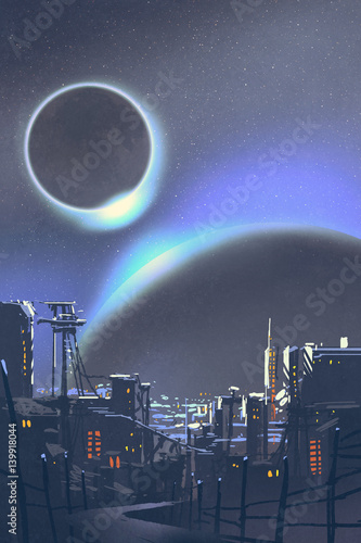 illustration of the futuristic city with planets and solar eclipse on background digital painting