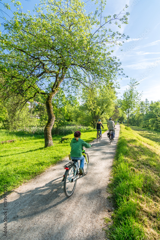 Familie auf Fahrradtour im Park im Frühling oder Sommer