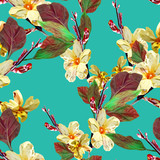 Seamless pattern with blooming twigs. Raster illustration. 