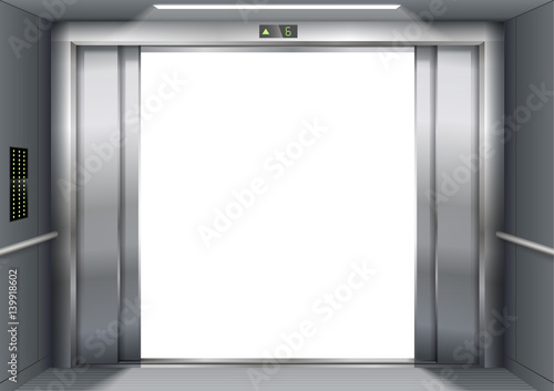 Open the door of the freight elevator hospital or office building. Metal armored sliding door.