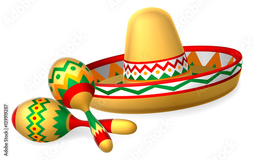 Mexican Sombrero Hat and Maracas Shakers photo