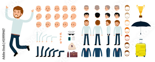 Man character creation set. The clerk, businessman, boss. Icons with different types of faces and hair style, emotions, front, rear side view of male person. Moving arms, legs Vector flat illustration