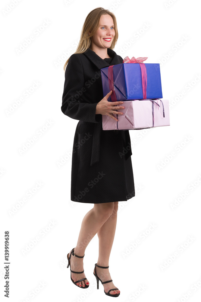 Attractive woman in black coat with gifts, isolated on white Attractive woman in black coat with gifts, isolated on white
