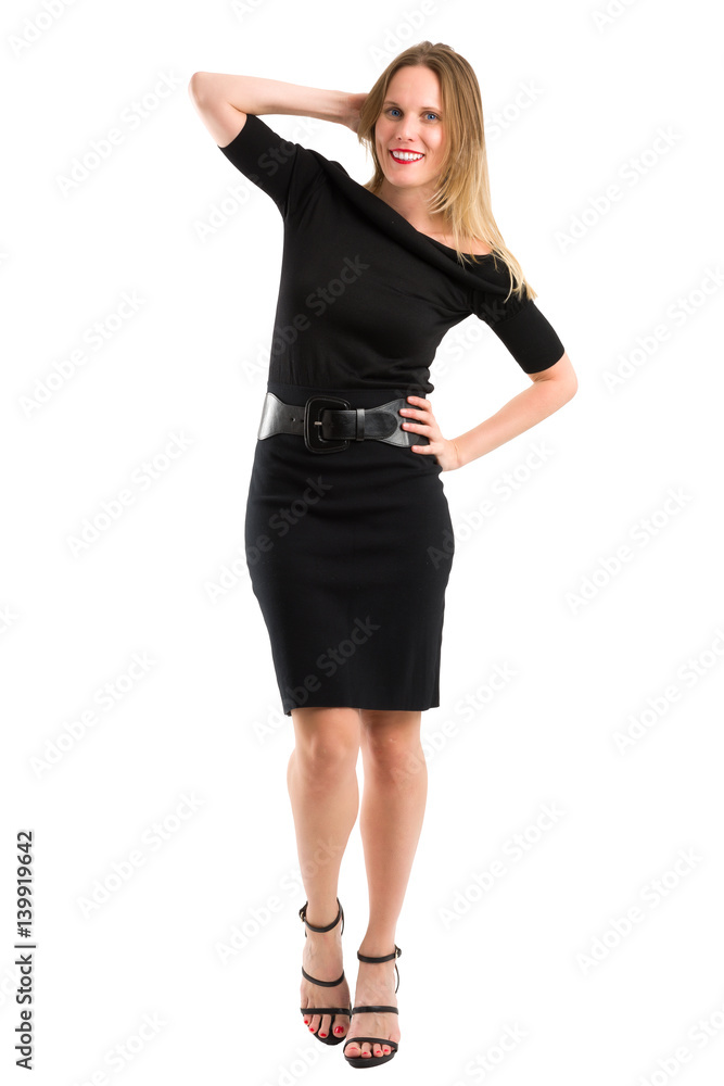 Attractive blonde woman in elegant black dress, isolated on white Attractive blonde woman in elegant black dress, isolated on white