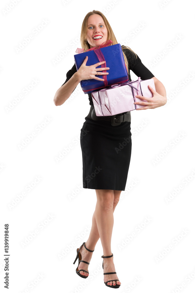 Attractive woman in elegant black dress with big gift packages Attractive woman in elegant black dress with big gift packages