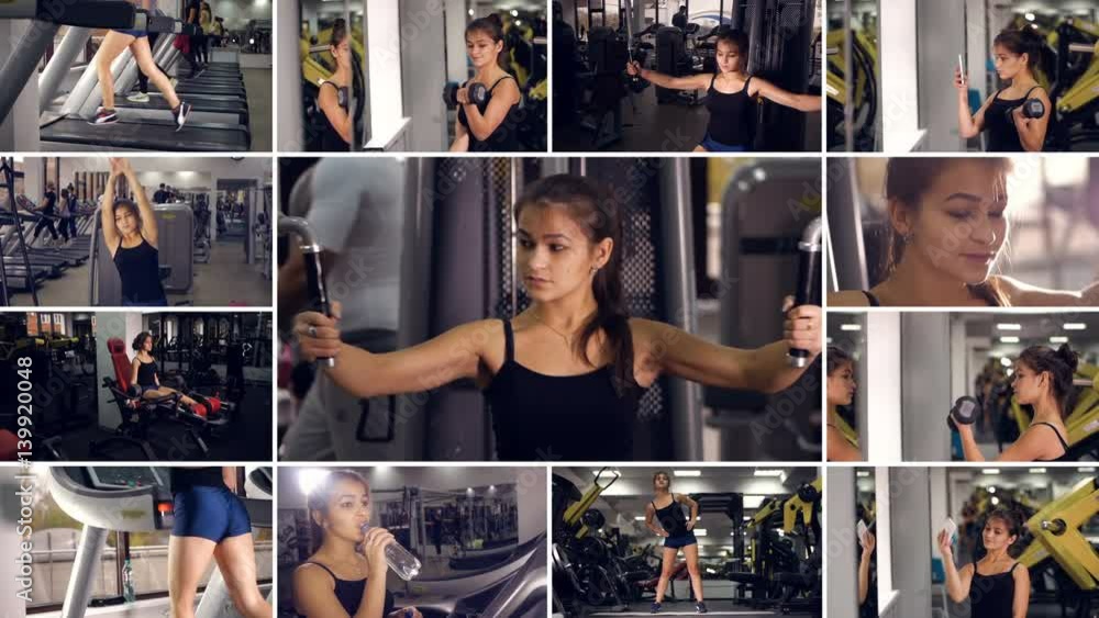 Female in the gym. Active sport, healthy lifestyle background. 4K
