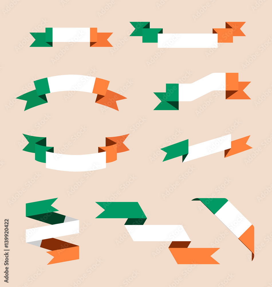 Vector set of scrolled isolated ribbons or banners in colors of Irish flag.
