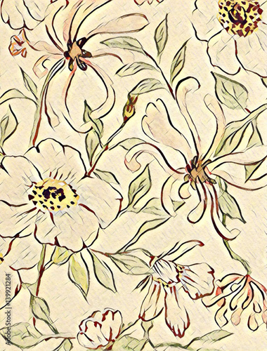 Floral watercolor background.Rose hips and honeysuckle digital illustration on canvas texture
