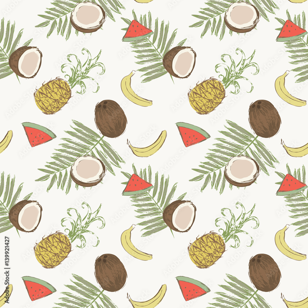 Seamless pattern with bananas, pineapples, watermelons, coconuts and palm leaves. Vector illustration painted with watercolor grunge brushes. Seamless pattern with bananas, pineapples, watermelons, coconuts and palm leaves. Vector illustration painted with watercolor grunge brushes.