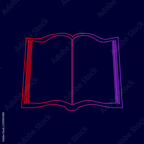 Book sign. Vector. Line icon with gradient from red to violet colors on dark blue background.