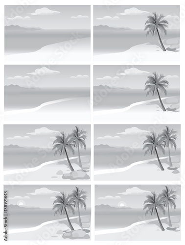 flat vector illustration of a tropical island. Card with palm trees. Tropical island. Shangri-la. Set black and white vector image sea and palm trees