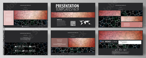 Business templates in HD format for presentation slides. Vector design layouts. Chemistry pattern, molecular texture, polygonal molecule structure, cell. Medicine, science, microbiology concept.