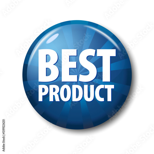 Bright navy blue round button with word 'Best Product'. Circle label for bestseller in online shops. Design elements on white background with transparent shadow.