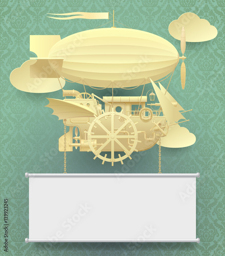 Vintage paper steampunk template with a complex fantastic flying ship