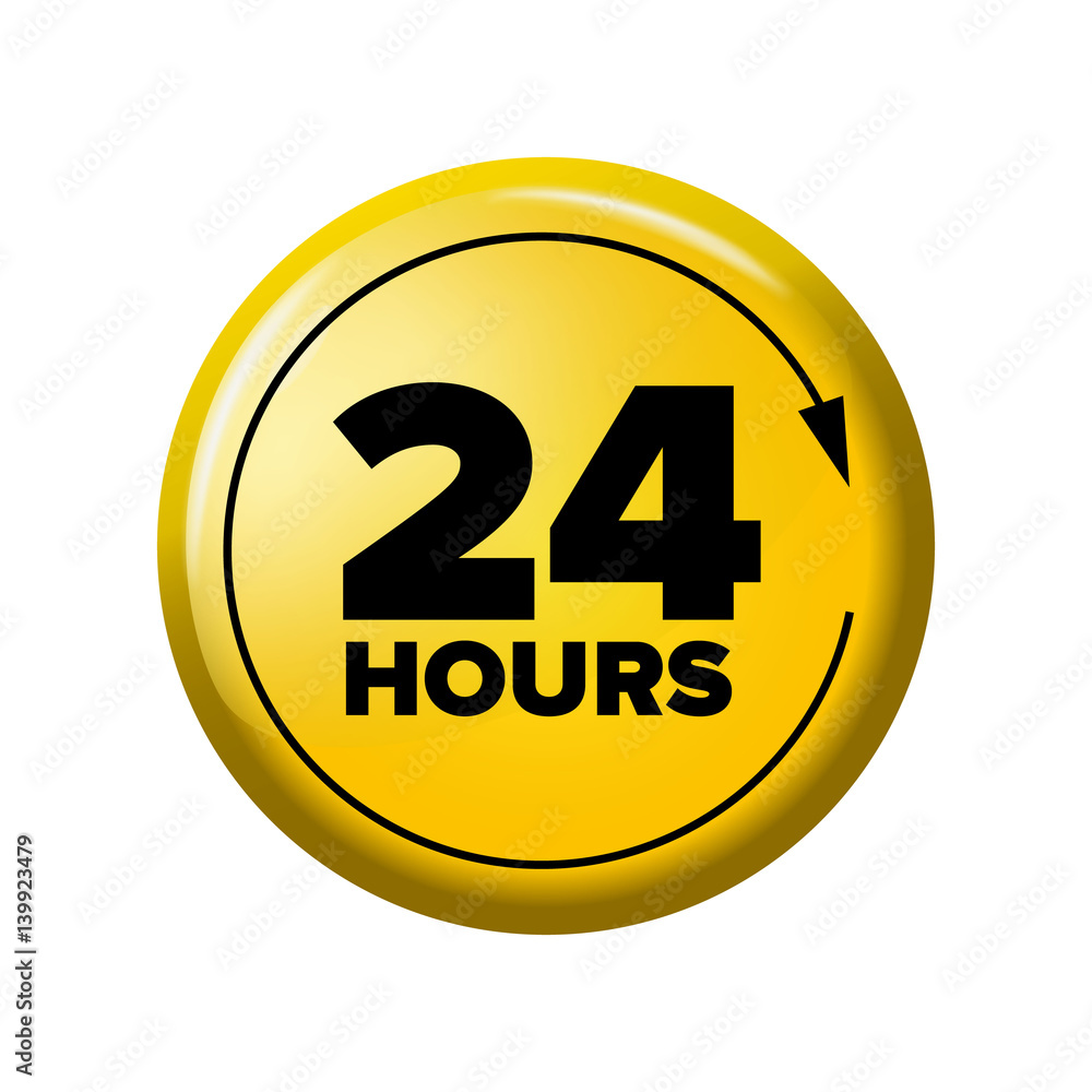 Bright yellow button with words '24 hours' and arrow. Work time circle label for posters and banners. Day-and-night open tag. Design element on white background. 