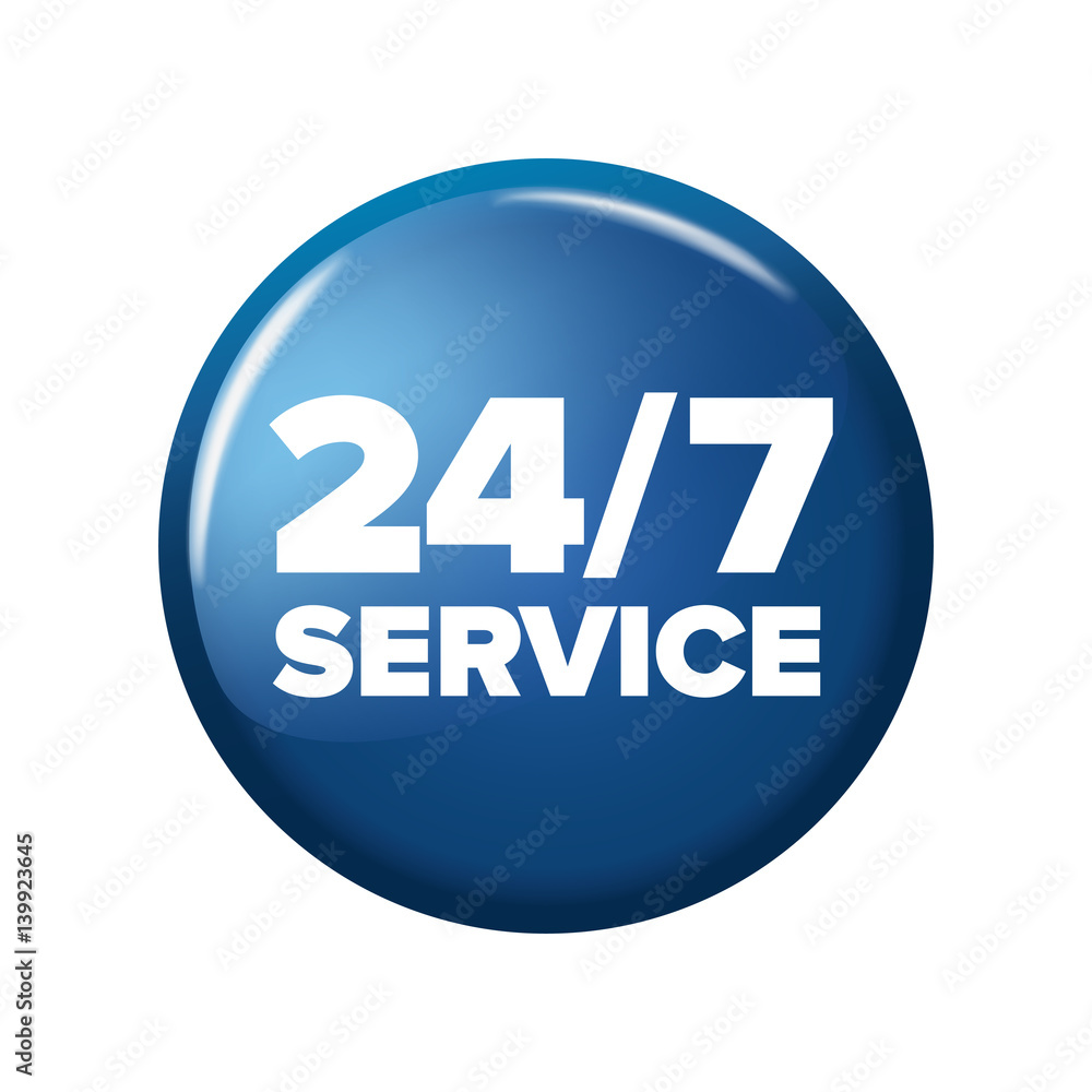 Bright blue round button with words '24/7 service'. Work time circle label for posters and banners. All-time maintenance tag. Design element on white background. Bright blue round button with words '24/7 service'. Work time circle label for posters and banners. All-time maintenance tag. Design element on white background.