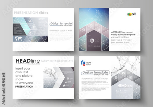 Set of business templates for presentation slides. Abstract vector layouts in flat design. Compounds lines and dots. Big data visualization in minimal style. Graphic communication background.