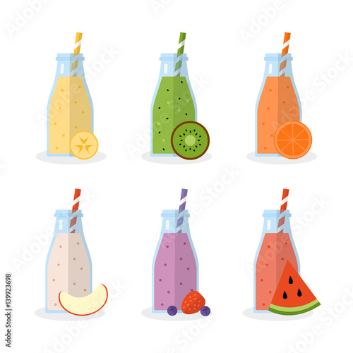 Set of smoothies or milkshakes in jars with ingredients isolated on white background. Concept for cocktail menu bar. Vector illustration in flat design.