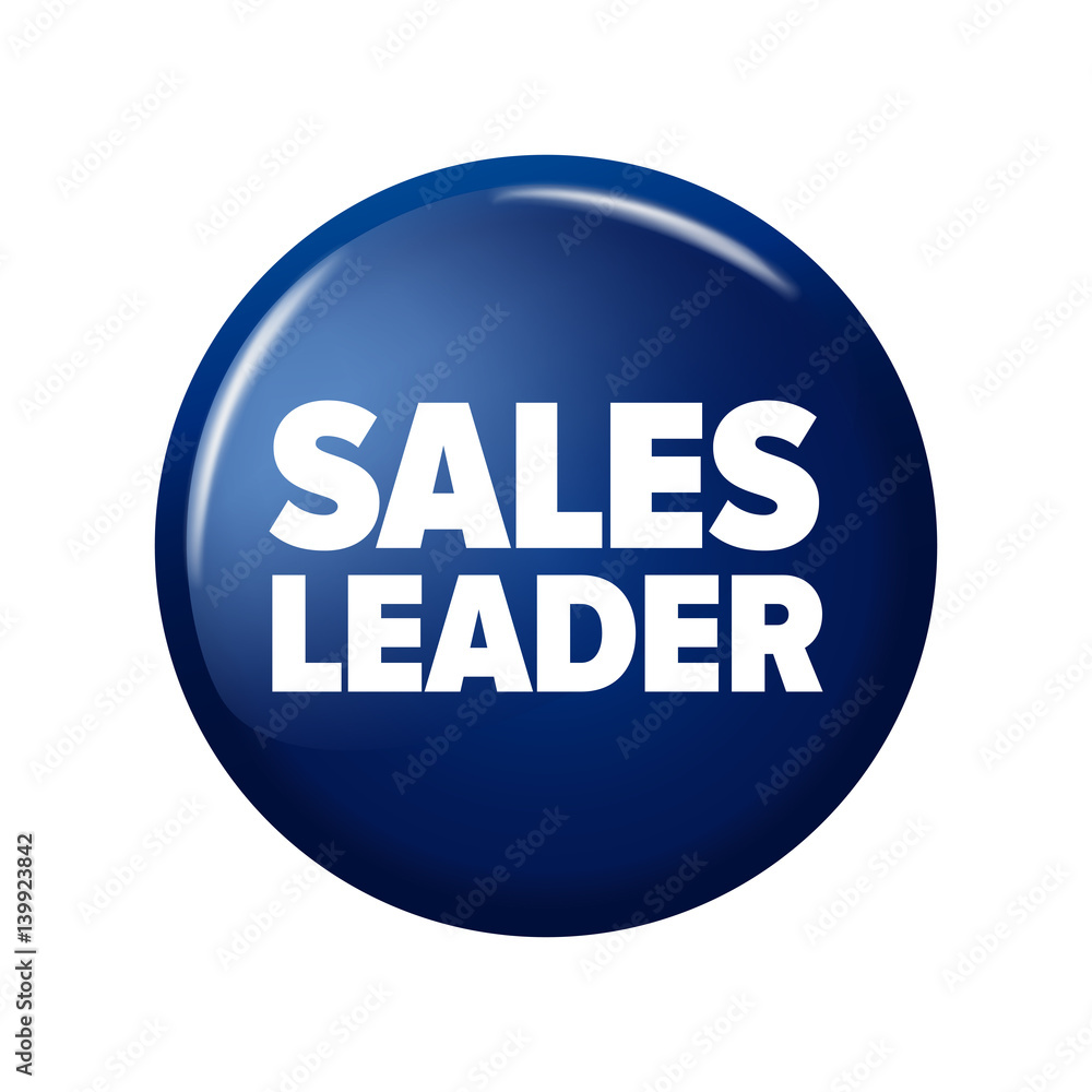 Bright blue round button with word 'Sales leader'. Circle label for bestseller in online shops. Design elements on white background. Bright blue round button with word 'Sales leader'. Circle label for bestseller in online shops. Design elements on white background.