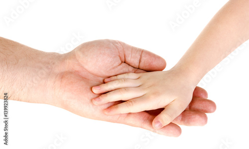 Father's hand holding child hand isolated
