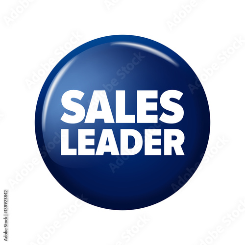 Bright blue round button with word 'Sales leader'. Circle label for bestseller in online shops. Design elements on white background.