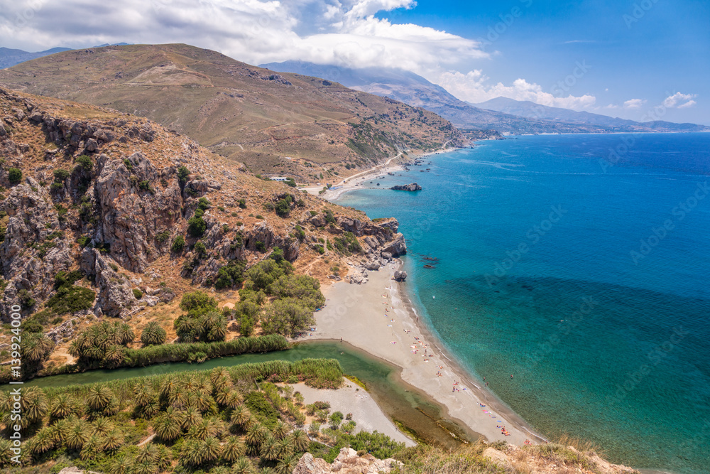 Aerial view of Preveli palm beach and lagoon near Rethymno in Crete,  Greece, Mediterranean