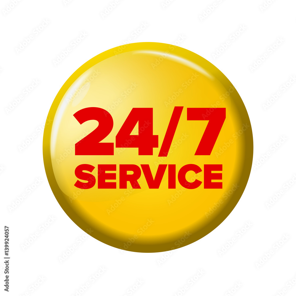 Bright yellow round button with words '24/7 service'. Work time circle label for posters and banners. All-time maintenance tag. Design element on white background. Bright yellow round button with words '24/7 service'. Work time circle label for posters and banners. All-time maintenance tag. Design element on white background.
