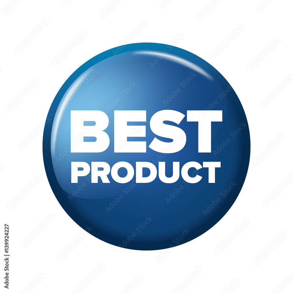 Bright blue round button with word 'Best Product'. Circle label for bestseller in online shops. Design elements on white background. Bright blue round button with word 'Best Product'. Circle label for bestseller in online shops. Design elements on white background.
